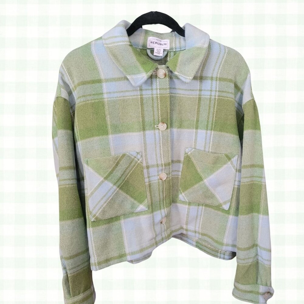 FOR THE REPUBLIC Classic Short Jacket in Blue Green Plaid Women's Size XL/TG